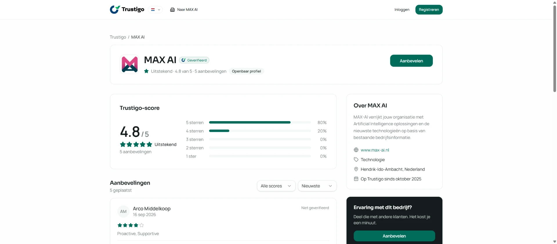 Verified MAX AI company profile on Trustigo, showing a trust score and customer recommendations